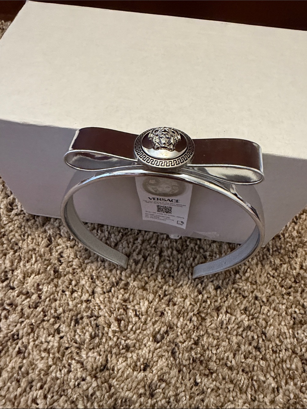 Versace Medusa Silver Bow, Gianni Ribbon Metallic Headband in silver palladium